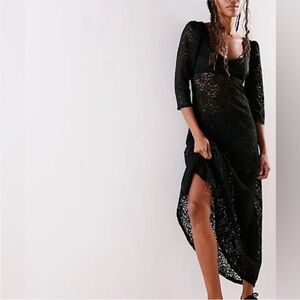 Free People Adored Maxi Dress Black Lace Open Back Boho Gown NWOT!